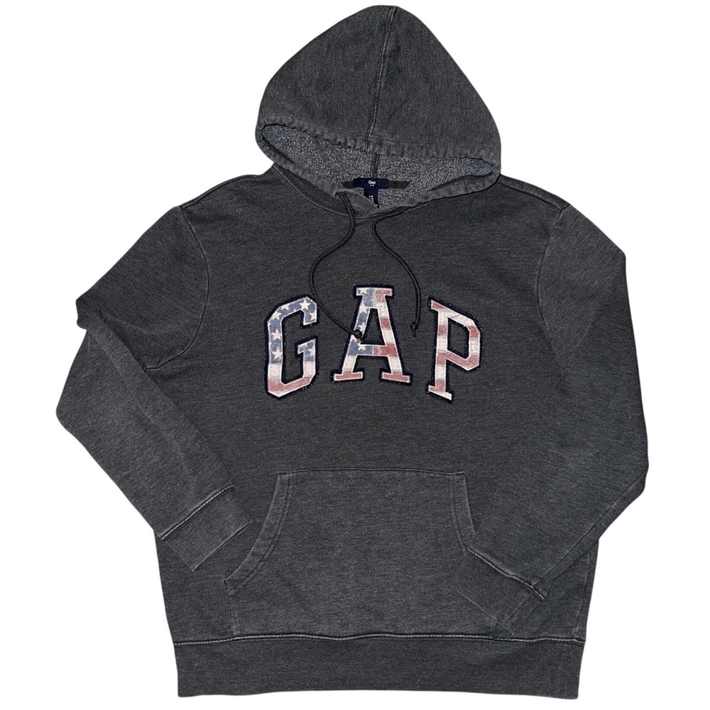 Gap Hoodie Mens Medium Gray American Flag Arch Logo Fleece Pullover Sweatshirt